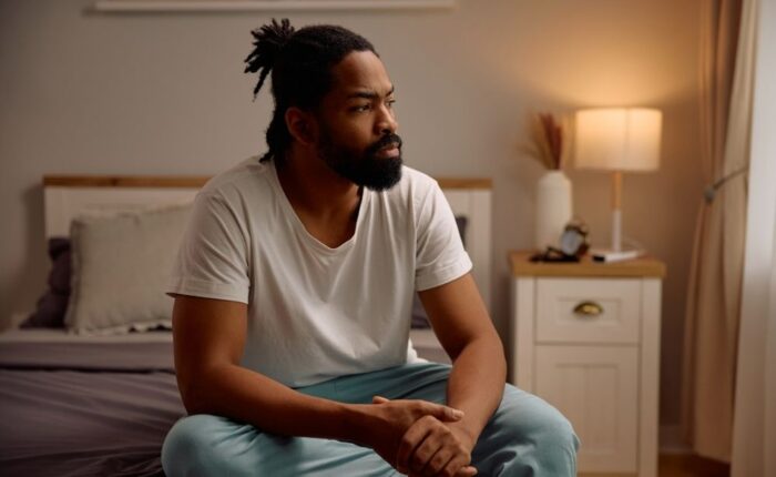 A man sits on the edge of his bed in a softly lit room, looking thoughtful and somber, symbolizing depression or emotional struggle.