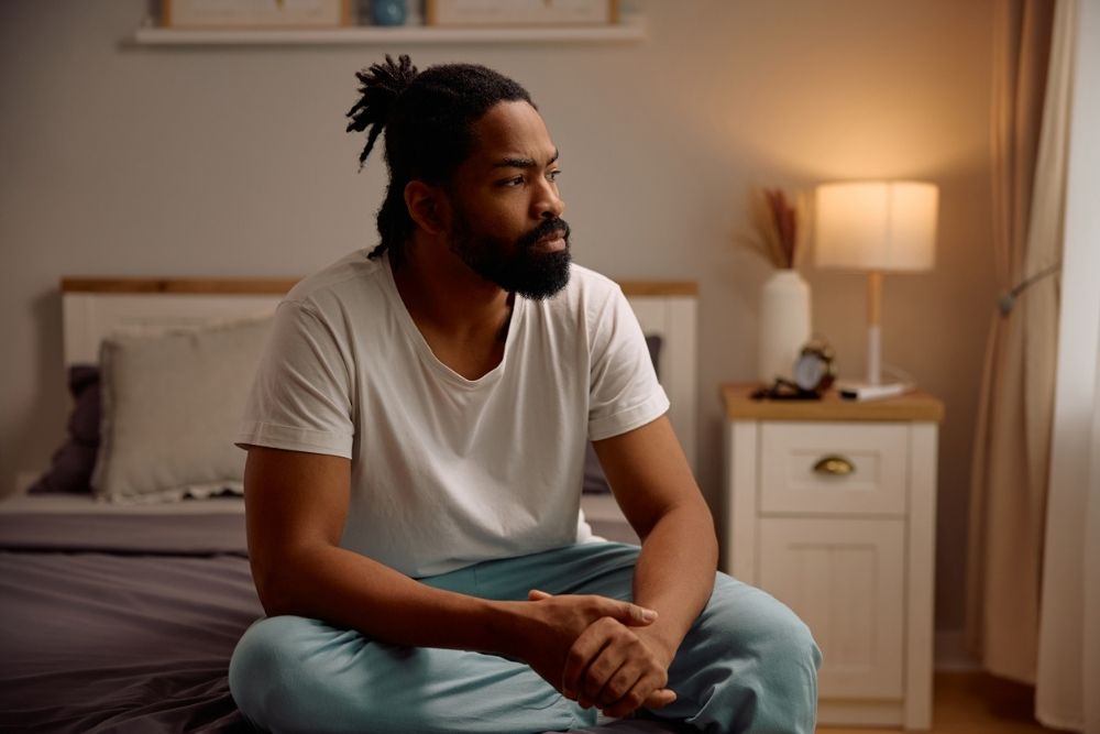 A man sits on the edge of his bed in a softly lit room, looking thoughtful and somber, symbolizing depression or emotional struggle.