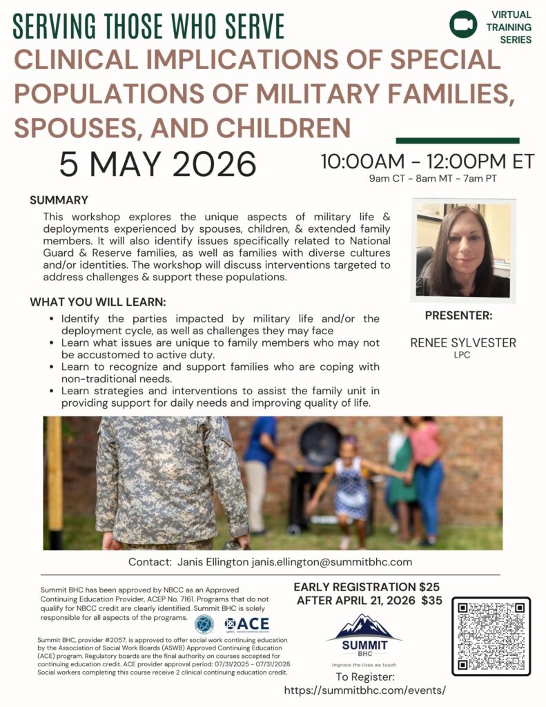Event flyer for Serving Those Who Serve: Clinical Implications of Military Families, Spouses, and Children