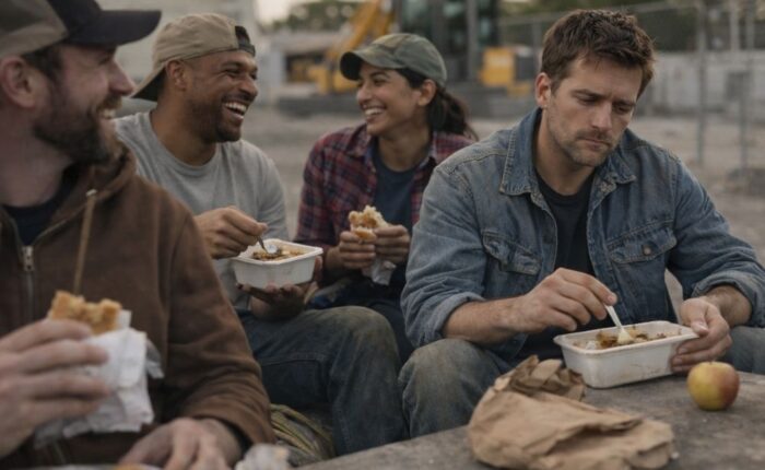 Fair-Oaks-Supporting-Union-Members-Through-Recovery-Privacy-Partnership-and-Best-Practices. Union members sit and have lunch on the job site. One male looks mentally distanced from his colleagues.